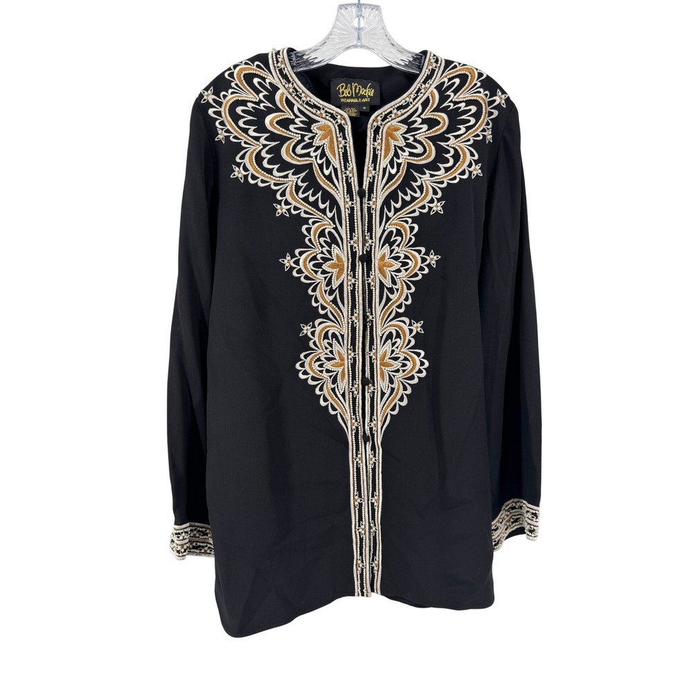 Bob Mackie Tunic Women Medium Black Silk Embroidered Pearl Wearable Art Top